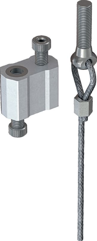 Kit MW-EB L Cable lock with wire rope, eyebolt ending Wire rope with pre-mounted threaded eyebolt and adjustable lock for suspending fixtures from concrete and steel